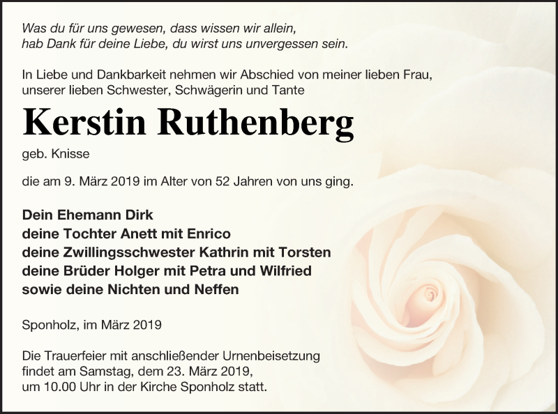  Traueranzeige für Kerstin Ruthenberg vom 15.03.2019 aus Neubrandenburger Zeitung