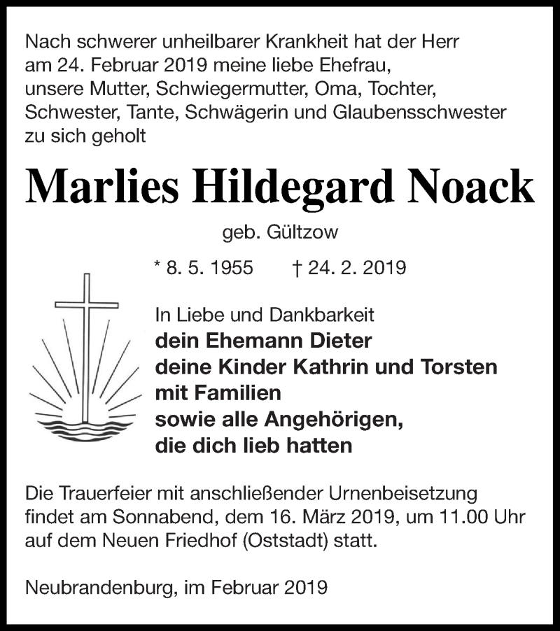 Traueranzeige für Marlies Hildegard Noack vom 06.03.2019 aus Neubrandenburger Zeitung