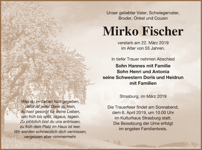  Traueranzeige für Mirko Fischer vom 28.03.2019 aus Neubrandenburger Zeitung