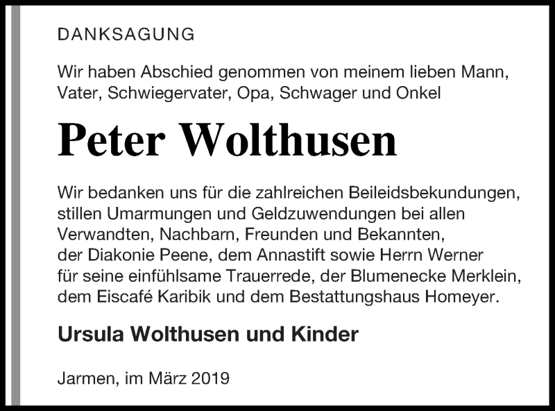  Traueranzeige für Peter Wolthusen vom 22.03.2019 aus Vorpommern Kurier