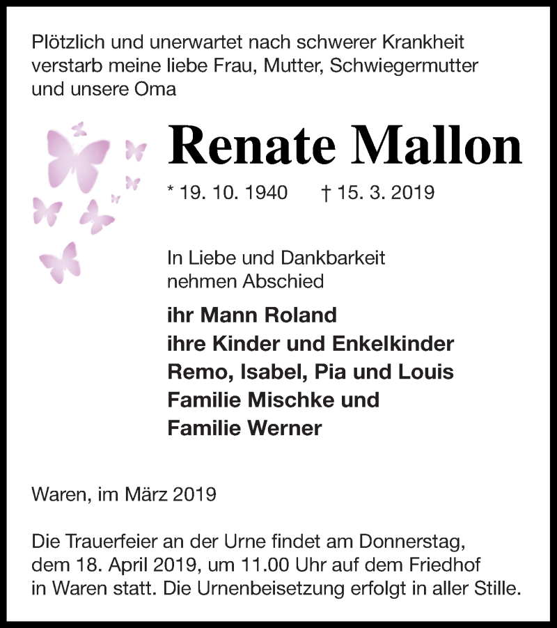  Traueranzeige für Renate Mallon vom 20.03.2019 aus Mecklenburger Schweiz