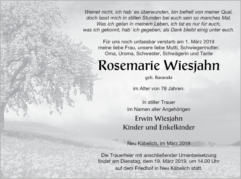  Traueranzeige für Rosemarie Wiesjahn vom 08.03.2019 aus Neubrandenburger Zeitung
