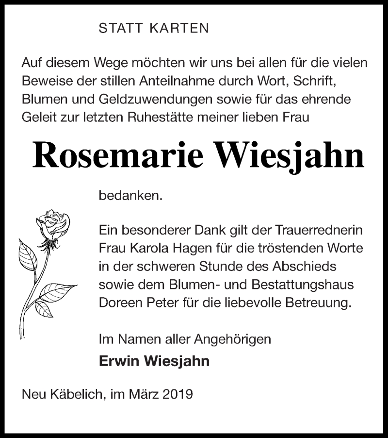  Traueranzeige für Rosemarie Wiesjahn vom 29.03.2019 aus Neubrandenburger Zeitung