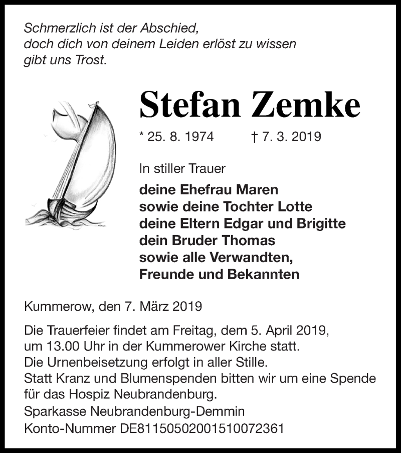  Traueranzeige für Stefan Zemke vom 16.03.2019 aus Mecklenburger Schweiz