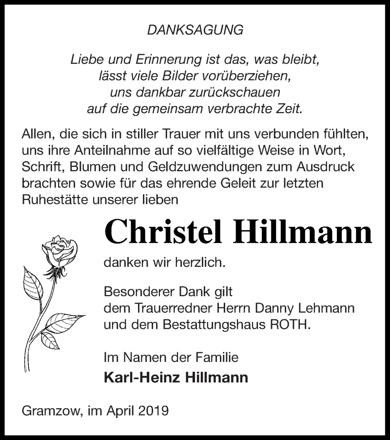  Traueranzeige für Christel Hillmann vom 26.04.2019 aus Prenzlauer Zeitung