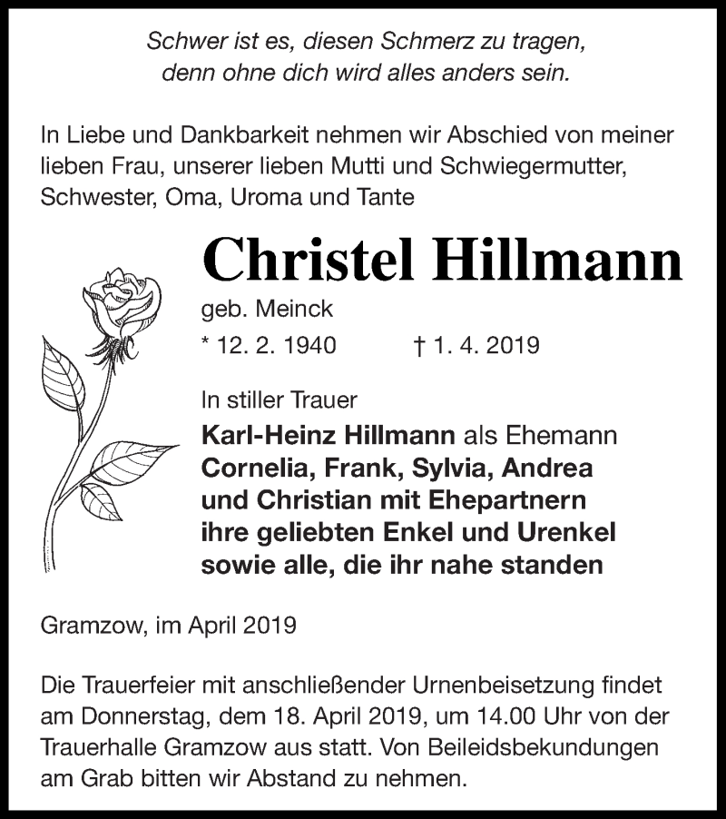  Traueranzeige für Christel Hillmann vom 04.04.2019 aus Prenzlauer Zeitung