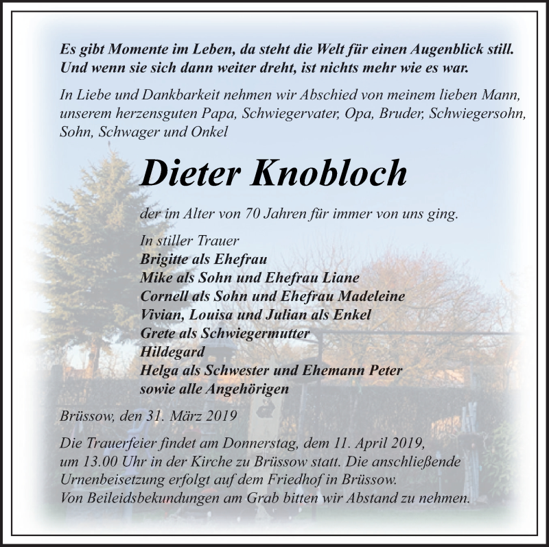  Traueranzeige für Dieter Knobloch vom 04.04.2019 aus Prenzlauer Zeitung