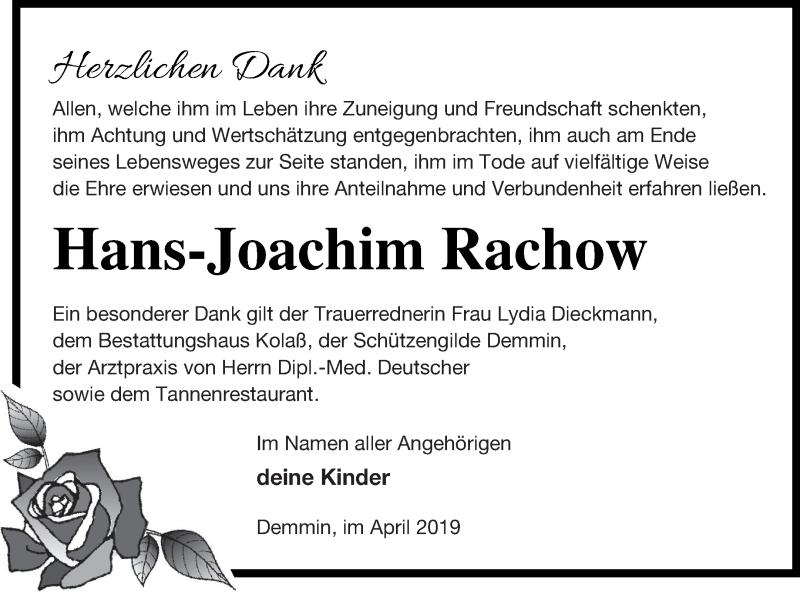  Traueranzeige für Hans-Joachim Rachow vom 26.04.2019 aus Demminer Zeitung
