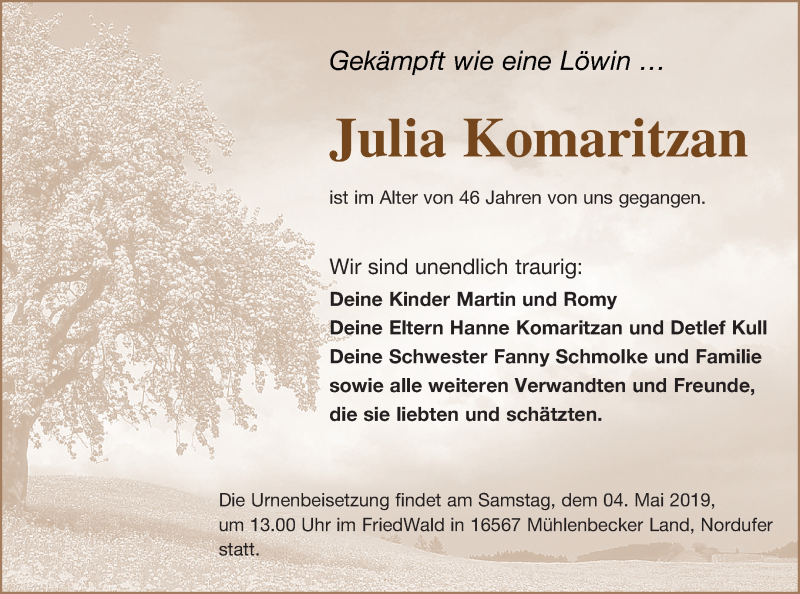  Traueranzeige für Julia Komaritzan vom 13.04.2019 aus Neubrandenburger Zeitung