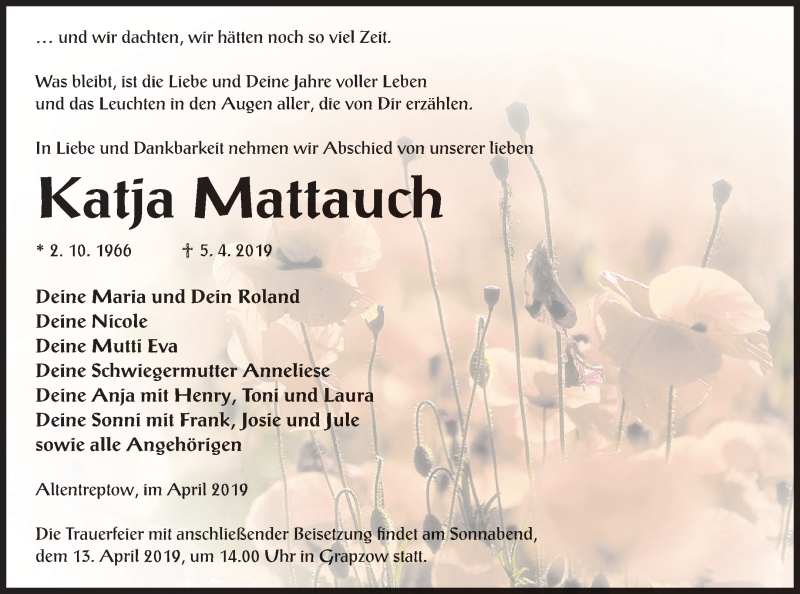  Traueranzeige für Katja Mattauch vom 09.04.2019 aus Neubrandenburger Zeitung