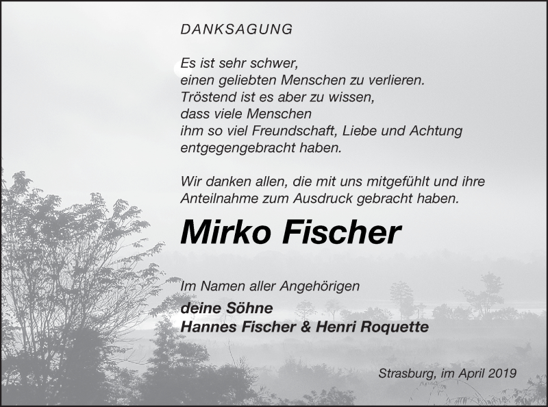  Traueranzeige für Mirko Fischer vom 11.04.2019 aus Pasewalker Zeitung