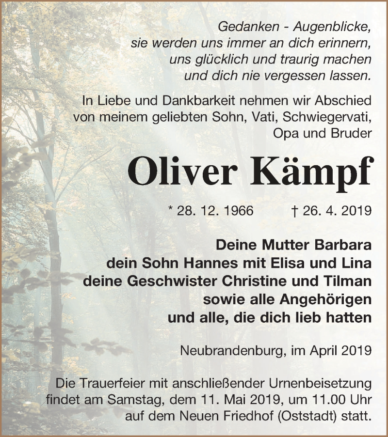  Traueranzeige für Oliver Kämpf vom 30.04.2019 aus Neubrandenburger Zeitung