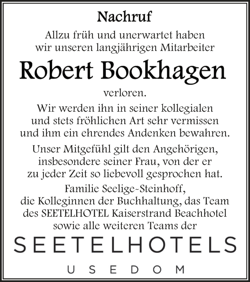  Traueranzeige für Robert Bookhagen vom 06.04.2019 aus Vorpommern Kurier
