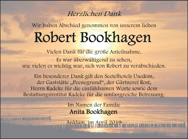  Traueranzeige für Robert Bookhagen vom 27.04.2019 aus Vorpommern Kurier