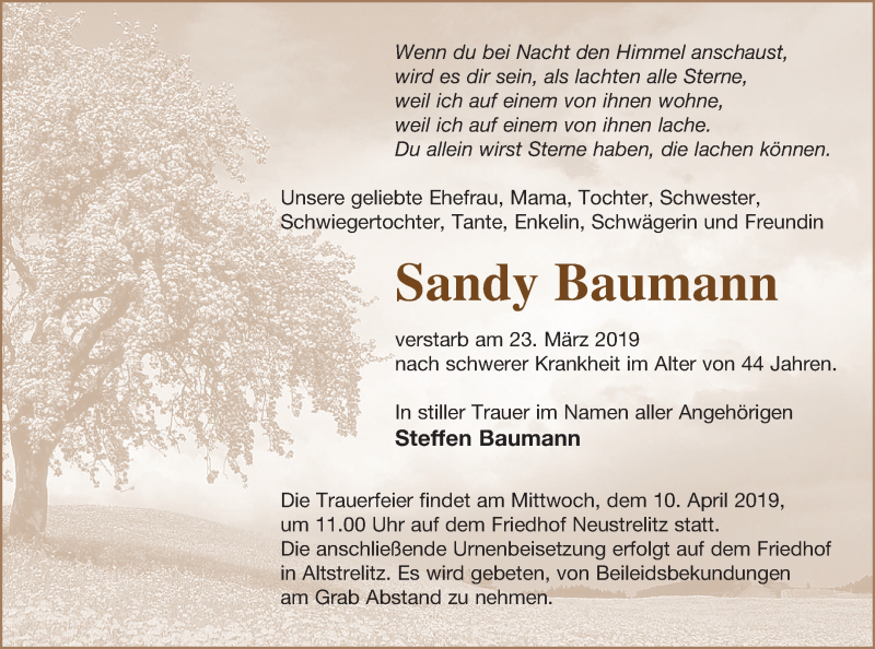  Traueranzeige für Sandy Baumann vom 05.04.2019 aus Strelitzer Zeitung