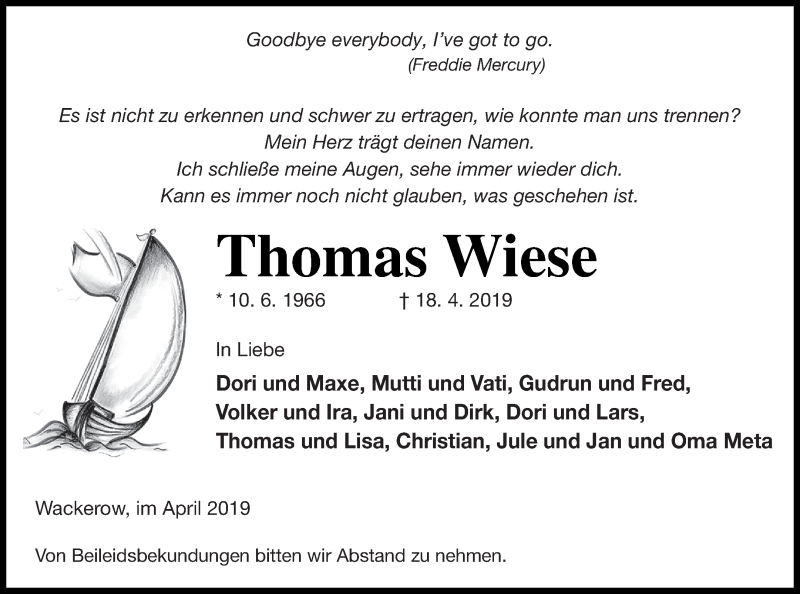  Traueranzeige für Thomas Wiese vom 26.04.2019 aus Mecklenburger Schweiz