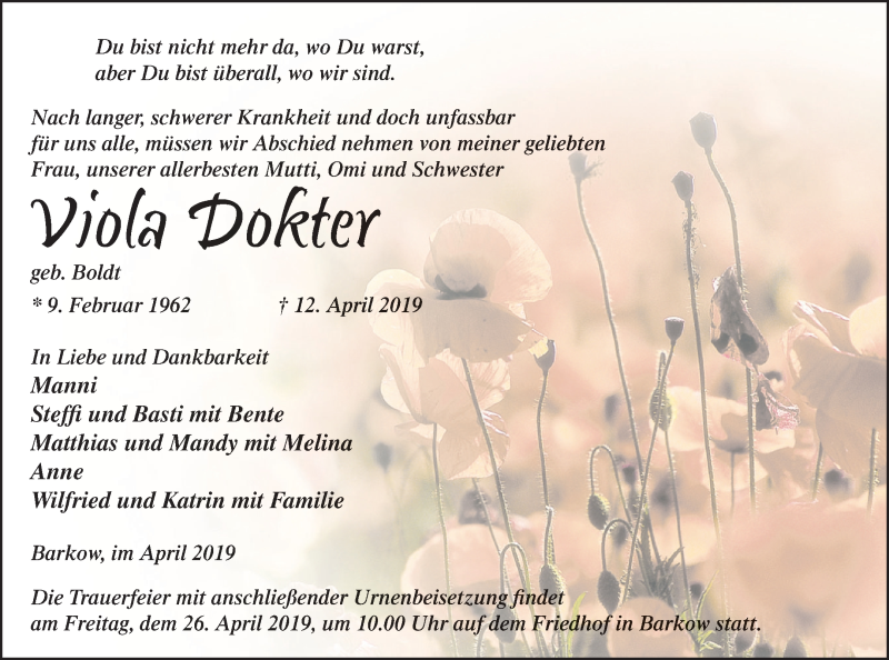  Traueranzeige für Viola Dokter vom 17.04.2019 aus Neubrandenburger Zeitung