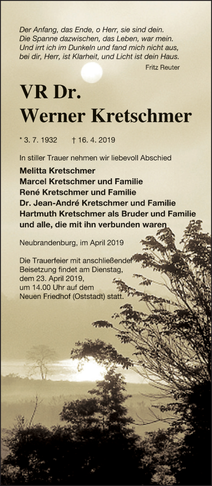 Traueranzeige für Werner Kretschmer vom 18.04.2019 aus Neubrandenburger Zeitung