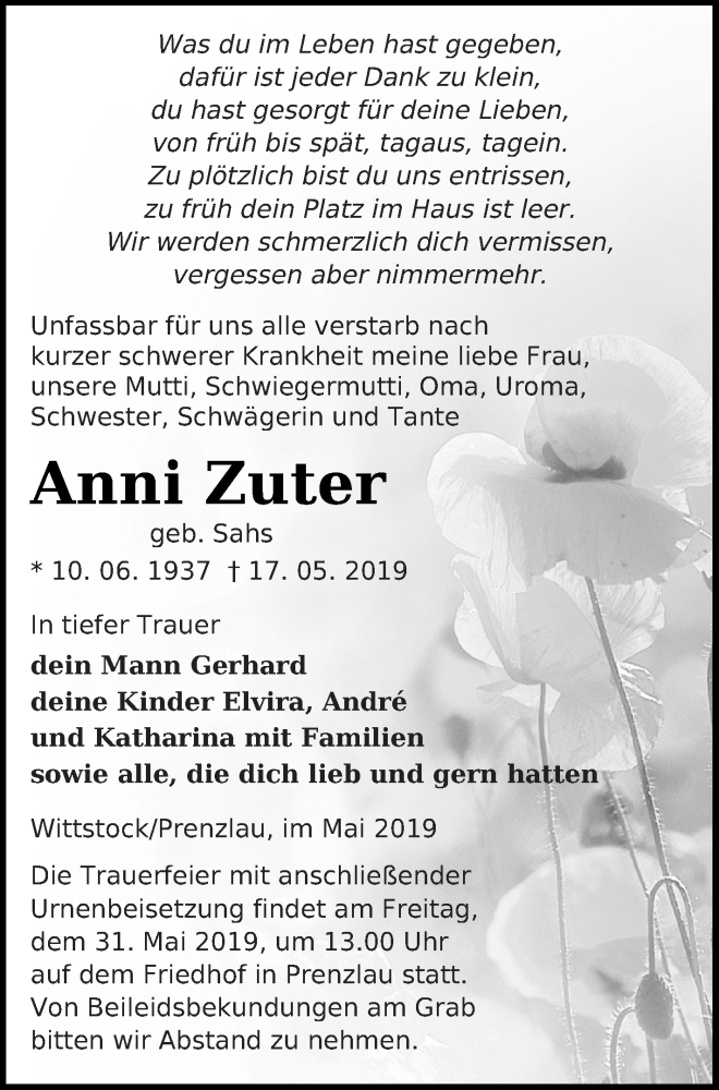  Traueranzeige für Anni Zuter vom 18.05.2019 aus Prenzlauer Zeitung