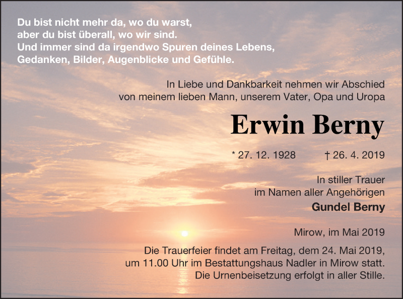  Traueranzeige für Erwin Berny vom 10.05.2019 aus Strelitzer Zeitung