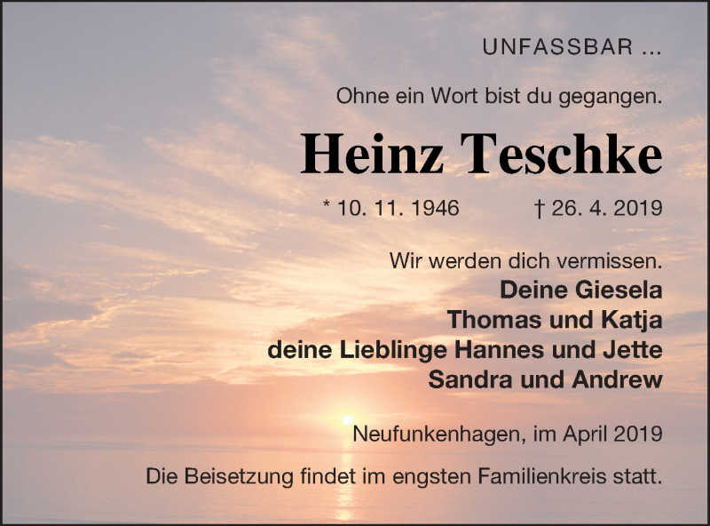  Traueranzeige für Heinz Teschke vom 04.05.2019 aus Templiner Zeitung
