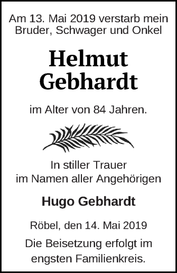 Traueranzeige von Helmut Gebhardt von Müritz-Zeitung