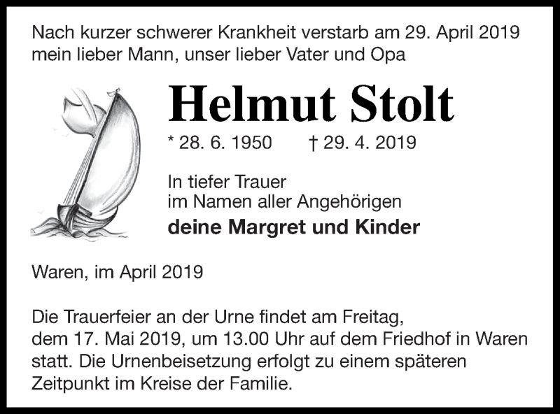  Traueranzeige für Helmut Stolt vom 04.05.2019 aus Müritz-Zeitung
