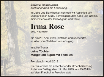 Traueranzeigen Von Irma Rose Trauer Nordkurier