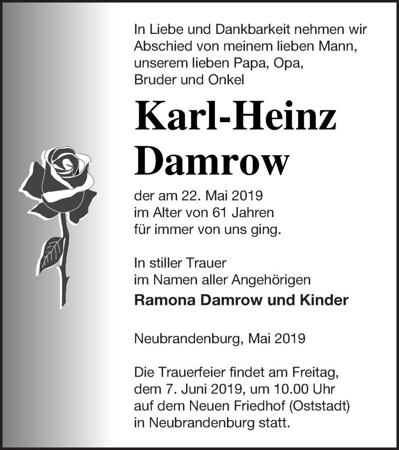  Traueranzeige für Karl-Heinz Damrow vom 28.05.2019 aus Neubrandenburger Zeitung