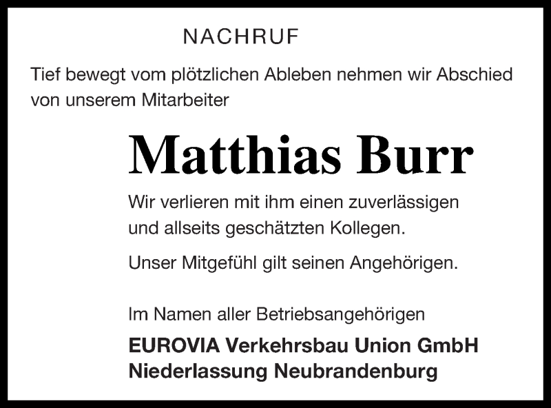  Traueranzeige für Matthias Burr vom 17.05.2019 aus Neubrandenburger Zeitung