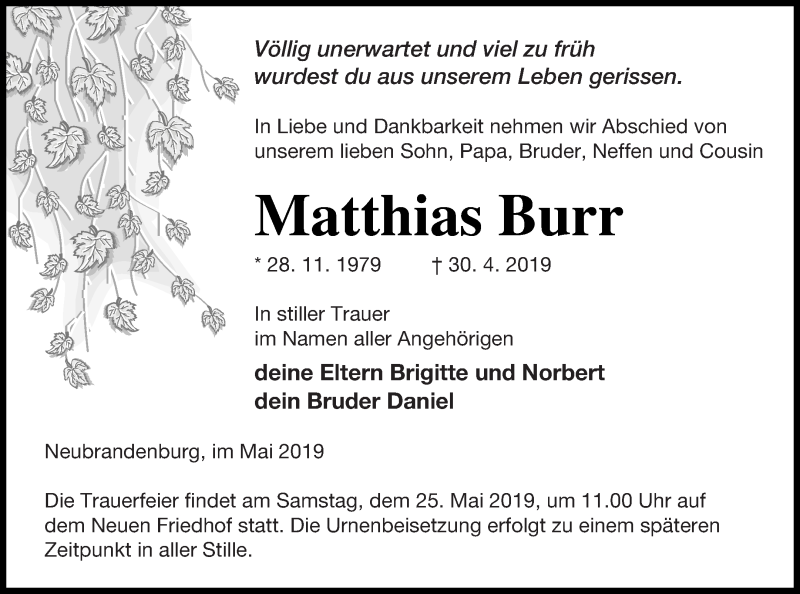  Traueranzeige für Matthias Burr vom 10.05.2019 aus Neubrandenburger Zeitung