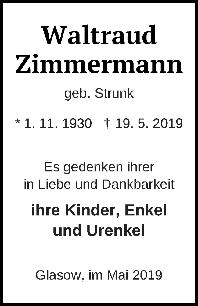  Traueranzeige für Waltraud Zimmermann vom 23.05.2019 aus Müritz-Zeitung