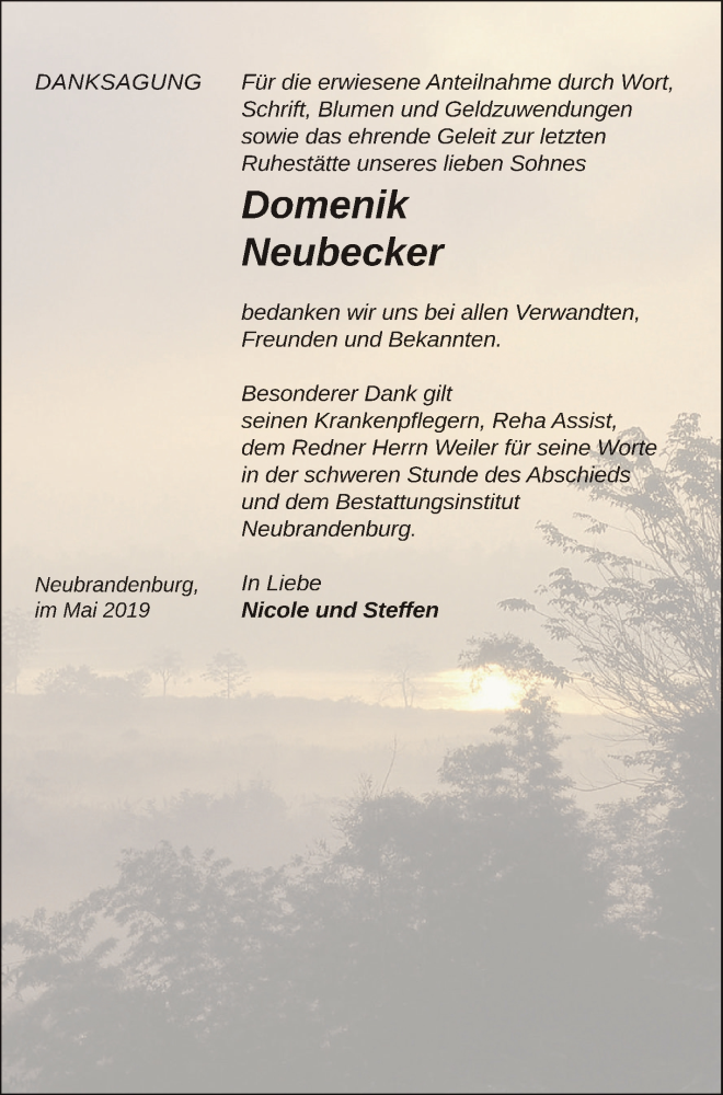  Traueranzeige für Domenik Neubecker vom 01.06.2019 aus Neubrandenburger Zeitung