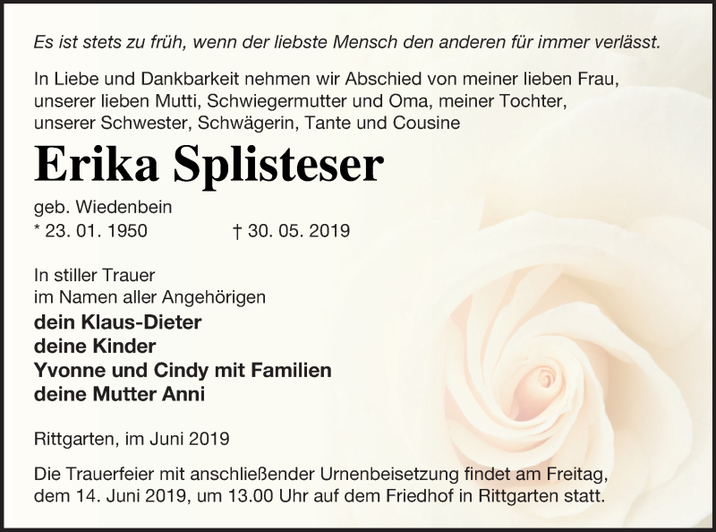  Traueranzeige für Erika Splisteser vom 08.06.2019 aus Prenzlauer Zeitung