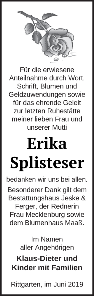  Traueranzeige für Erika Splisteser vom 21.06.2019 aus Prenzlauer Zeitung