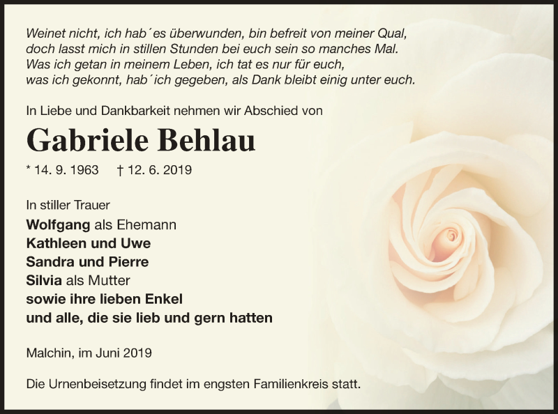  Traueranzeige für Gabriele Behlau vom 14.06.2019 aus Mecklenburger Schweiz