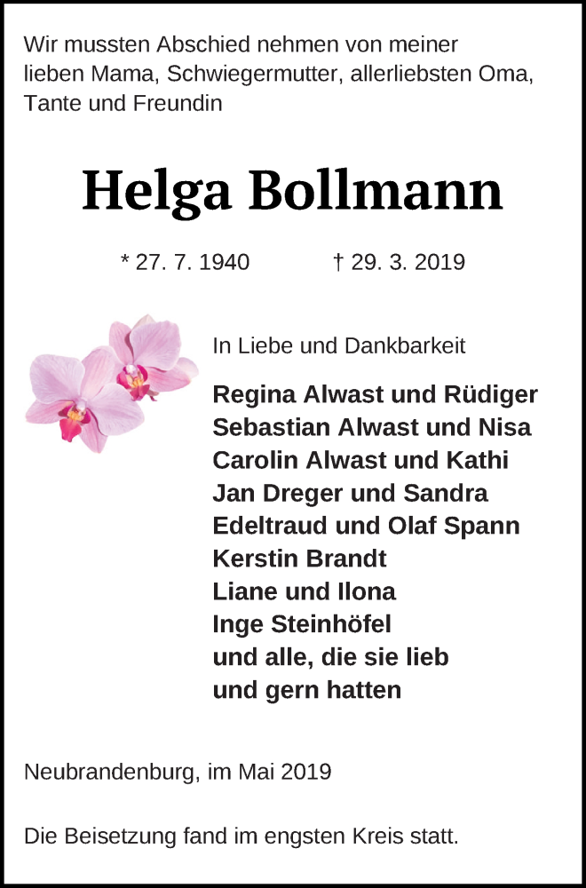  Traueranzeige für Helga Bollmann vom 01.06.2019 aus Neubrandenburger Zeitung