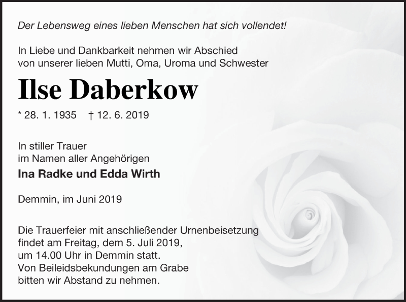  Traueranzeige für Ilse Daberkow vom 15.06.2019 aus Demminer Zeitung