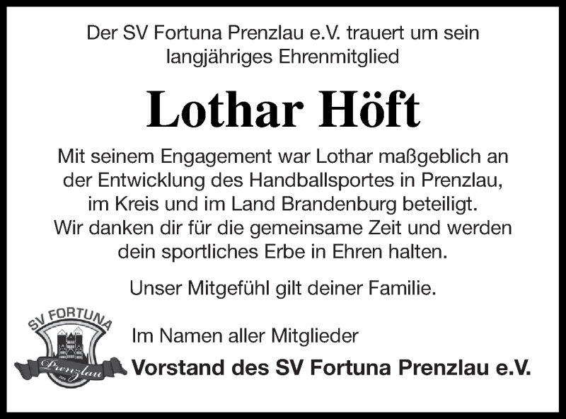  Traueranzeige für Lothar Höft vom 08.06.2019 aus Prenzlauer Zeitung