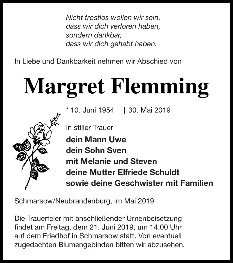  Traueranzeige für Margret Flemming vom 07.06.2019 aus Vorpommern Kurier