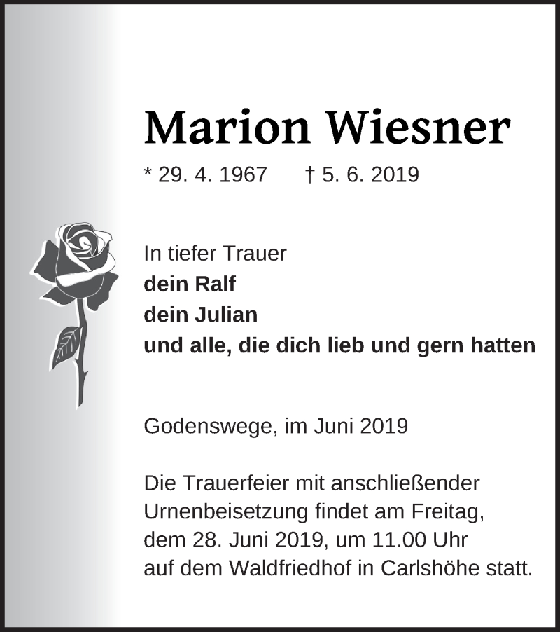  Traueranzeige für Marion Wiesner vom 14.06.2019 aus Neubrandenburger Zeitung
