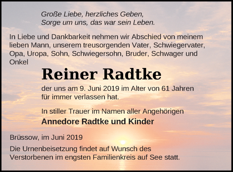  Traueranzeige für Reiner Radtke vom 14.06.2019 aus Pasewalker Zeitung