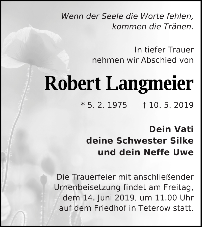  Traueranzeige für Robert Langmeier vom 07.06.2019 aus Mecklenburger Schweiz