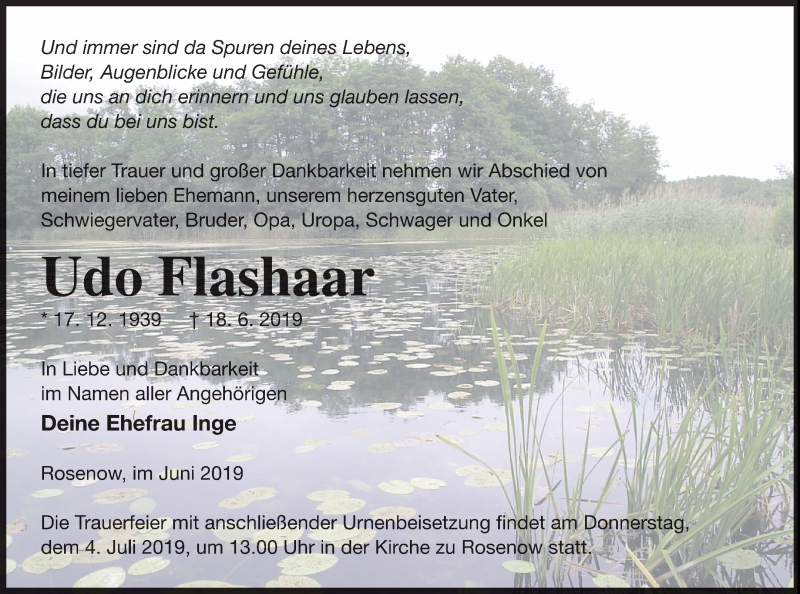  Traueranzeige für Udo Flashaar vom 28.06.2019 aus Neubrandenburger Zeitung