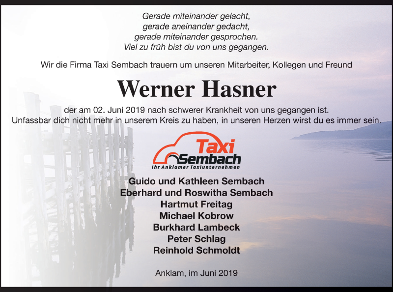  Traueranzeige für Werner Hasner vom 18.06.2019 aus Vorpommern Kurier