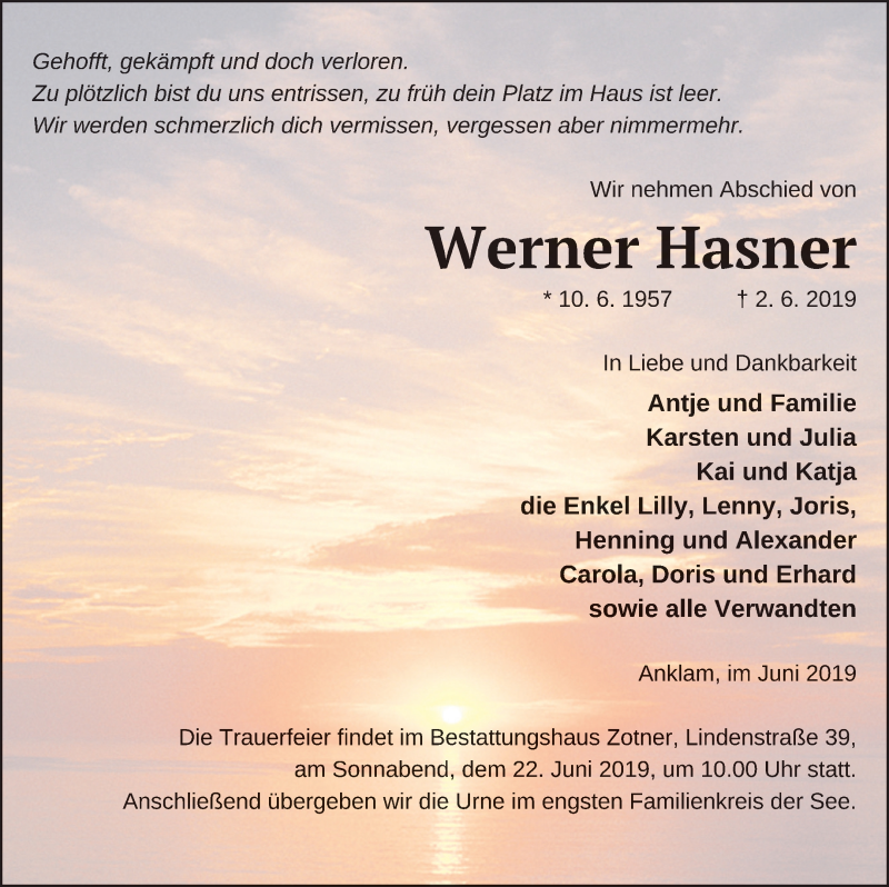  Traueranzeige für Werner Hasner vom 08.06.2019 aus Vorpommern Kurier