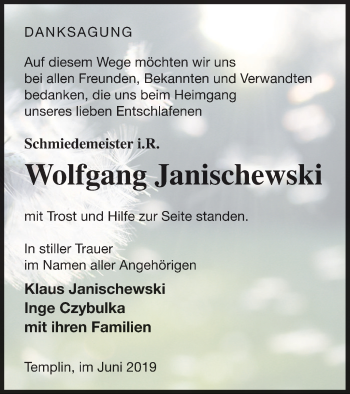 Traueranzeige von Wolfgang Janischewski von Templiner Zeitung