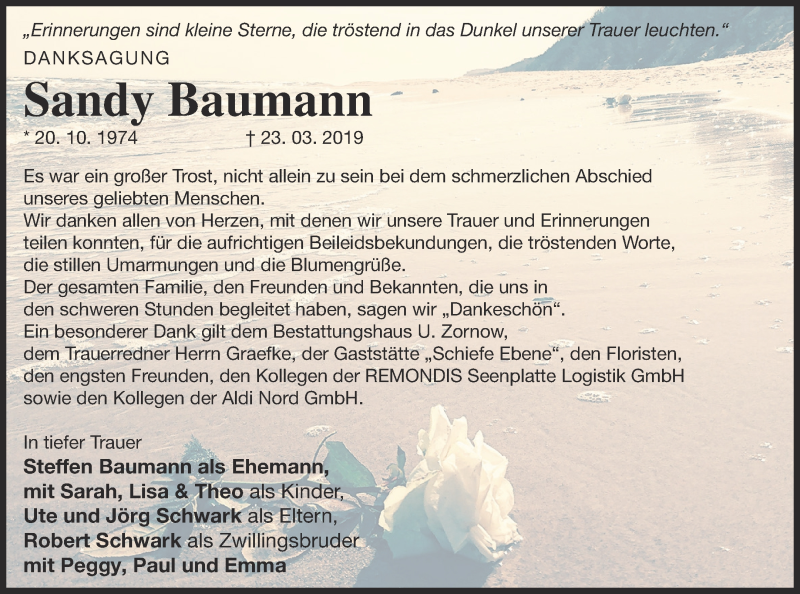  Traueranzeige für Sandy Baumann vom 24.04.2019 aus Strelitzer Zeitung