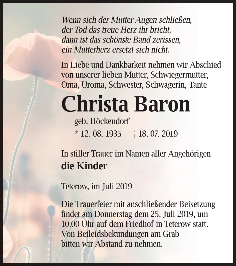  Traueranzeige für Christa Baron vom 23.07.2019 aus Mecklenburger Schweiz