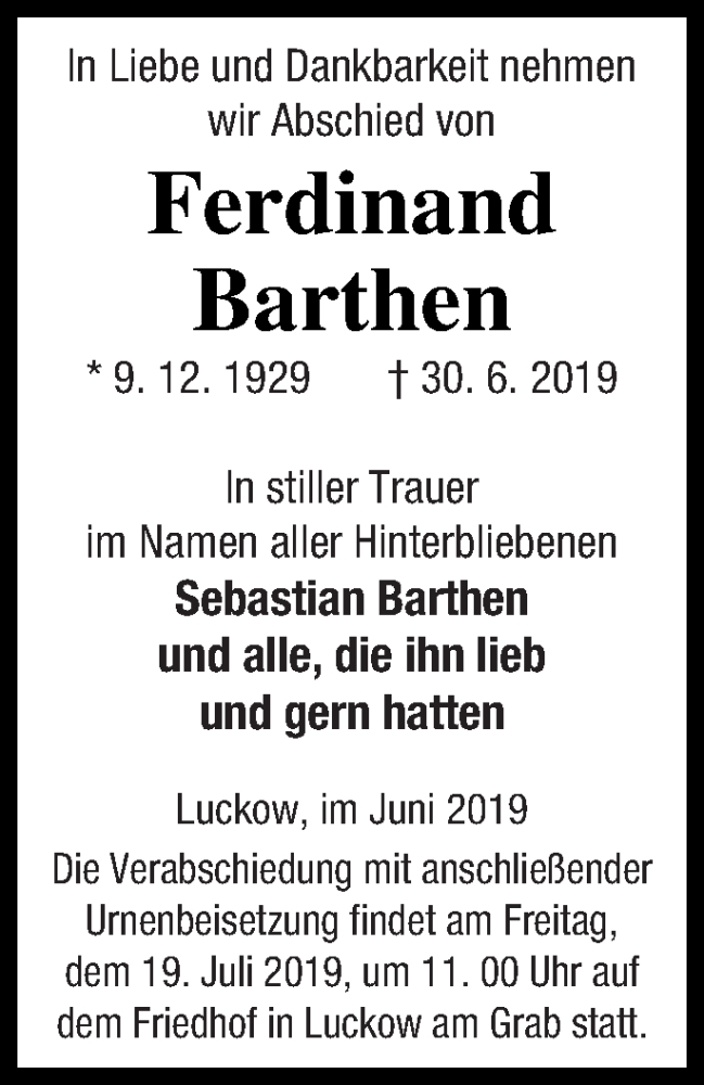 Traueranzeige für Ferdinand Barthen vom 04.07.2019 aus Haff-Zeitung